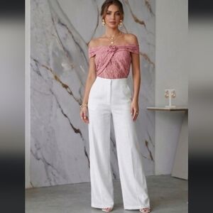 Off-Shoulder Lace With Floral Accent Asymmetrical Top